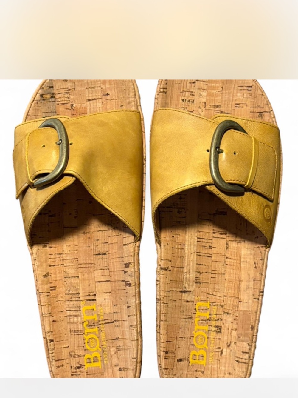 Born Yellow Leather Cork Slide Sandals with Buckle